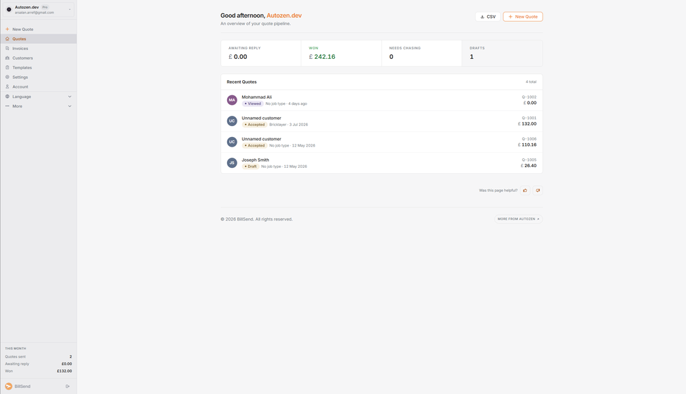 See all your quotes in one place — draft, sent, or approved.