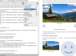 Blog articles are created in the editor, which is divided into two parts: on the left is the HTML source text, on the right is the preview of how the article will appear in the blog. Text formatting can be done using the buttons in the toolbar and by inserting a "snippet" from the snippet menu.