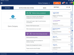 Dashboard containing matters, action items, and meetings