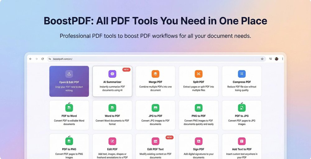 Boost PDF’s web interface showcasing a wide range of PDF tools, all accessible directly in the browser.