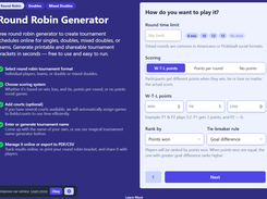 Tournament scoring settings screen showing customizable round time, scoring system, and ranking rules.