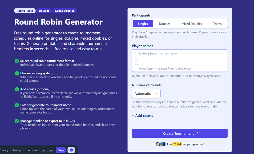 Round Robin Generator interface showing player setup, match scheduling options, and tournament creation features.