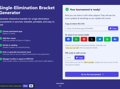 Tournament ready screen with shareable link, QR code, and social media sharing options for players