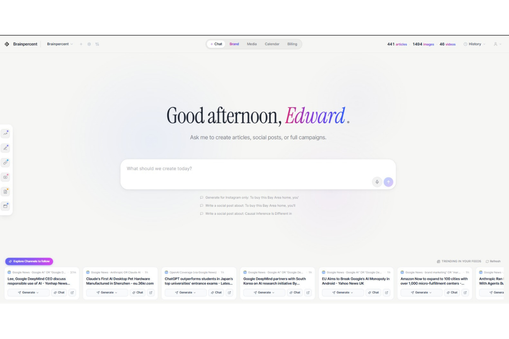 Drop one URL → branded social posts for 9 networks, AI images, videos, and SEO articles in 12 languages. No prompt engineering.