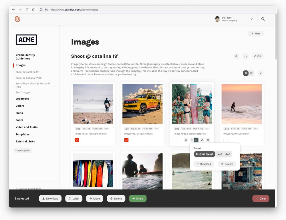A visually organized platform that ensures a consistent brand experience. Store and share all the files your team needs in one place and avoid constantly looking for assets. The easiest and fastest way on the market to create your own secure brand hub!