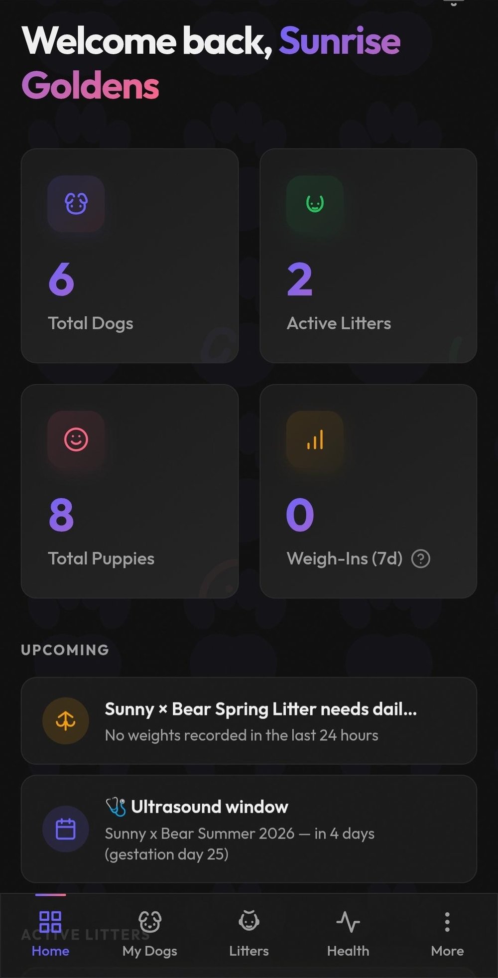 Litter dashboard with growth charts and puppy weight tracking