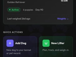 Litter dashboard with growth charts and puppy weight tracking