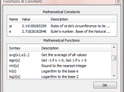 Shows all built in constants and functions with their descriptions.