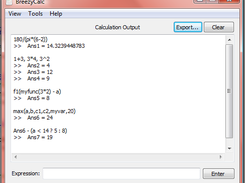 Main application window, use of built-in functions, user variables, user functions, and multiple expression evaluation.