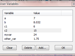 Shows list of user defined variables, variables can be deleted or overwritten with another value.