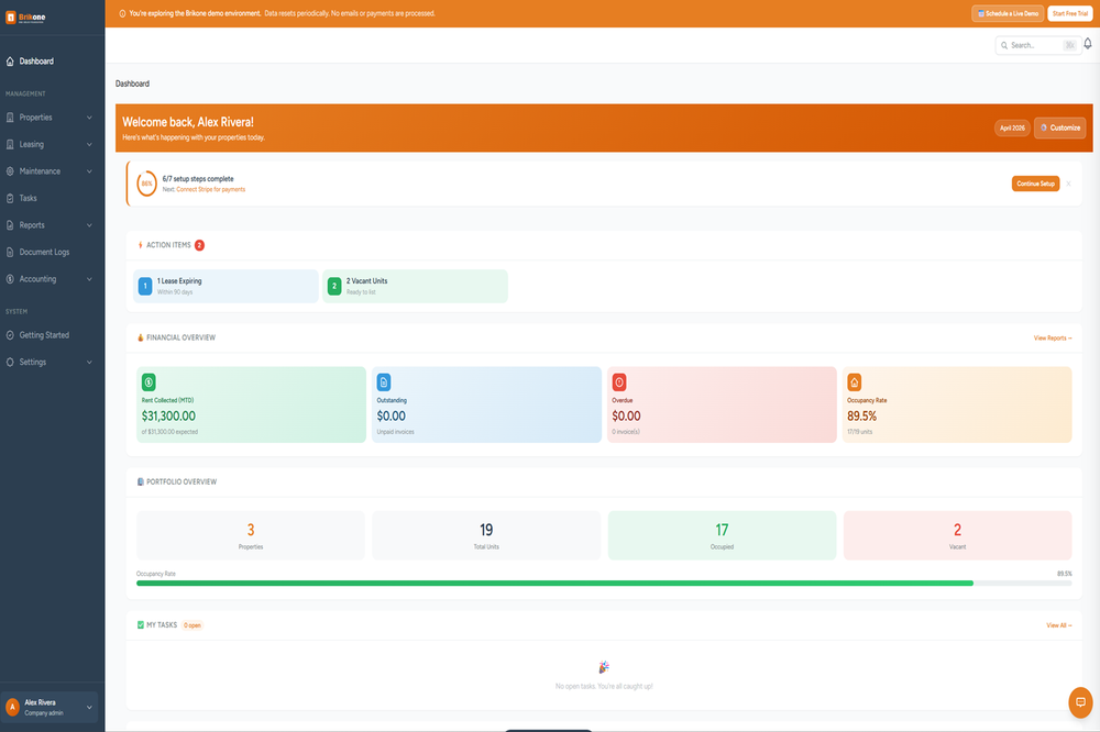 Brikone member dashboard showing real-time portfolio overview — active units, rent collection status, maintenance requests, and financial KPIs across all managed properties in a single view.