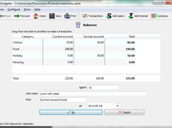 Home page showing accounts and categories, and a transaction