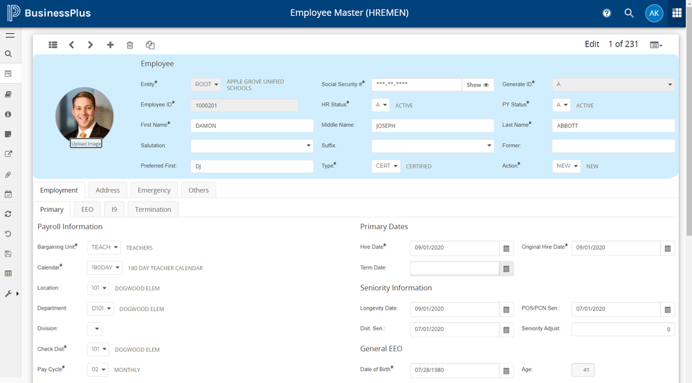 Employee Master - PowerSchool Unified Administration BusinessPLUS