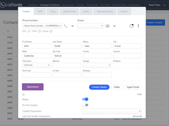 The contact view provides agents with the full functionality of a CRM. Email, SMS, scripts, notes, event calendars and a complete history are available.