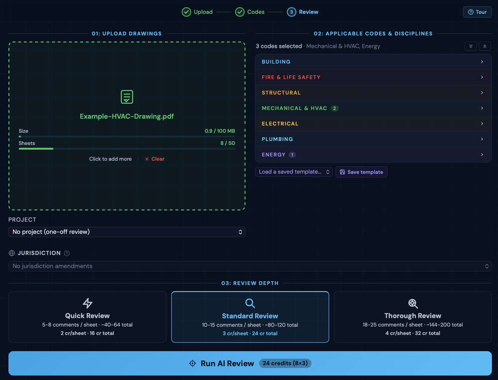 Add drawings, choose codes, apply local amendments (as desired), and run analysis. 