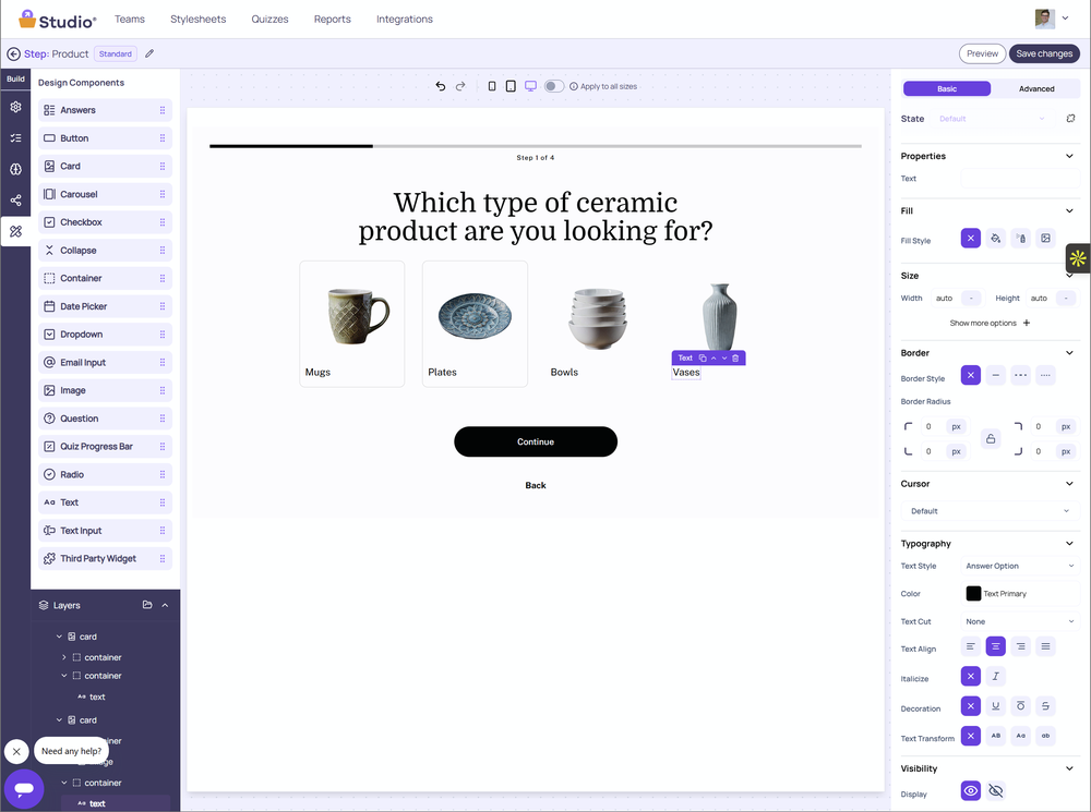 Build and customize every quiz element with Cartful's no-code visual editor.