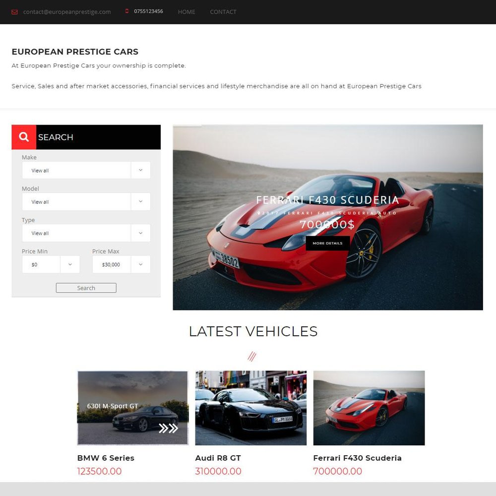 Public website with full search facility displaying all vehicles for sale with images, price and vehicle information.