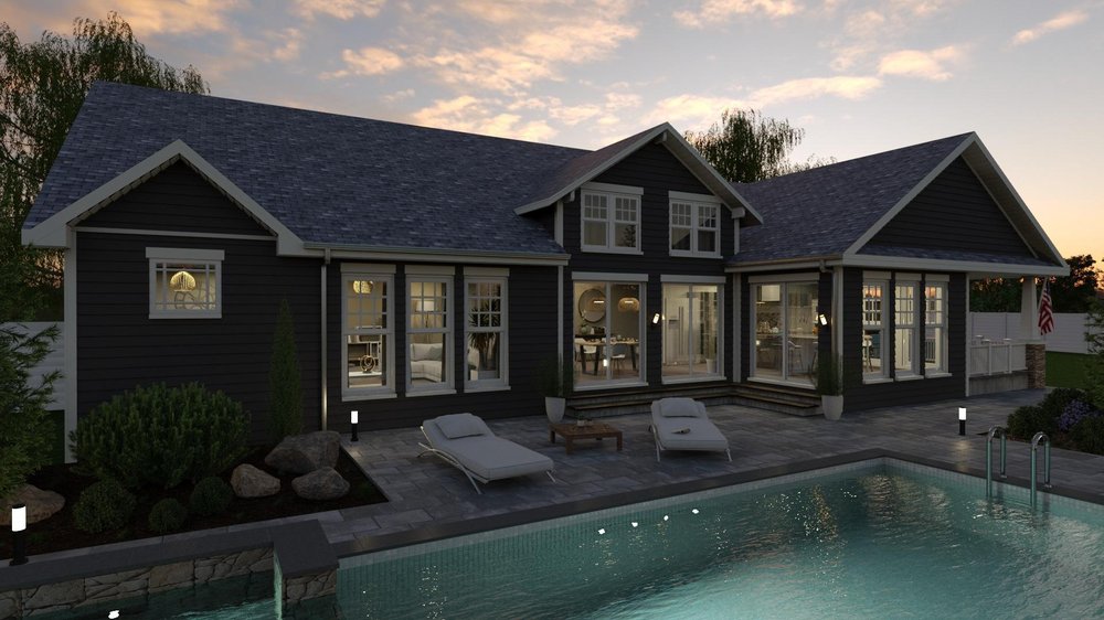 Exterior view with pool sunset 3D rendering _Cedreo