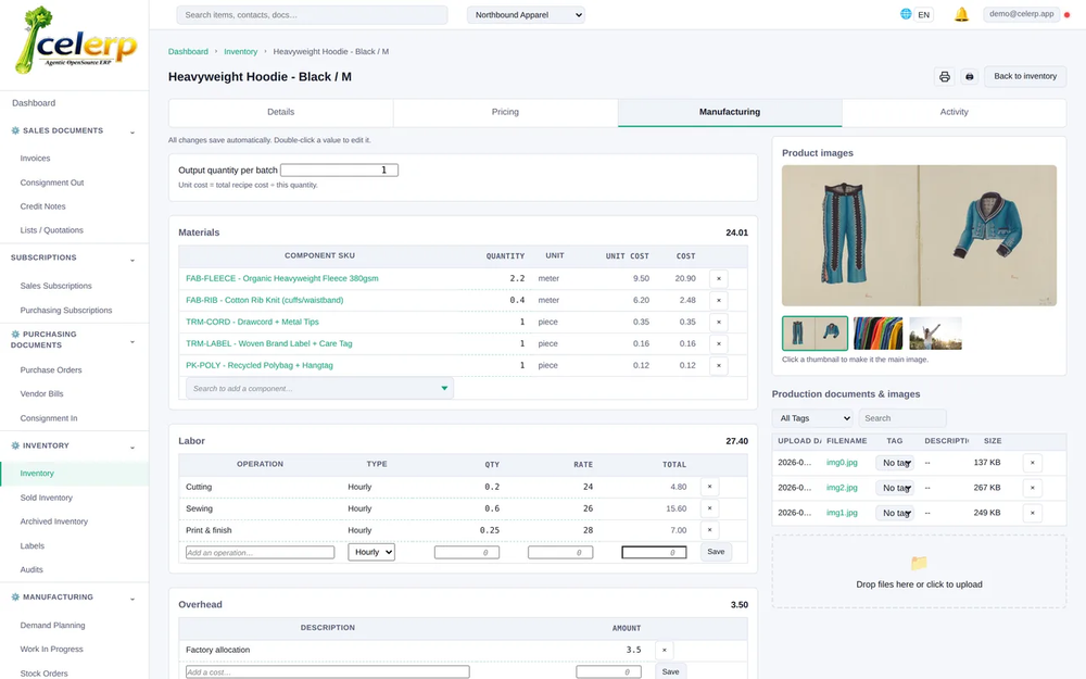 Celerp manufacturing ERP worksheet for bills of materials, production runs, raw material consumption, finished goods, and true unit costing.