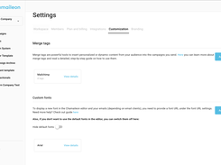 Workspace Settings: User roles, branding, and integration management with custom fonts and merge tags