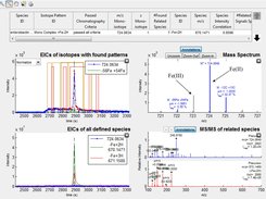 Visualization of identified isotope pattern-matched chromatographic features for the metal complex and related free ligands along with corresponding MS1 and MS/MS spectra