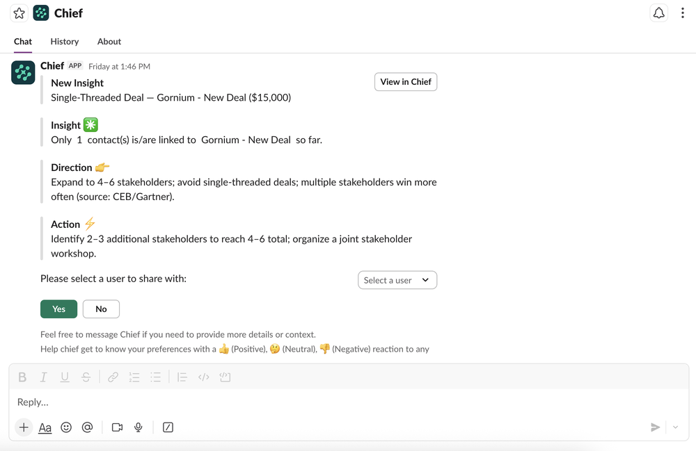 A single-thread deal risk insight from Chief, delivered via Slack