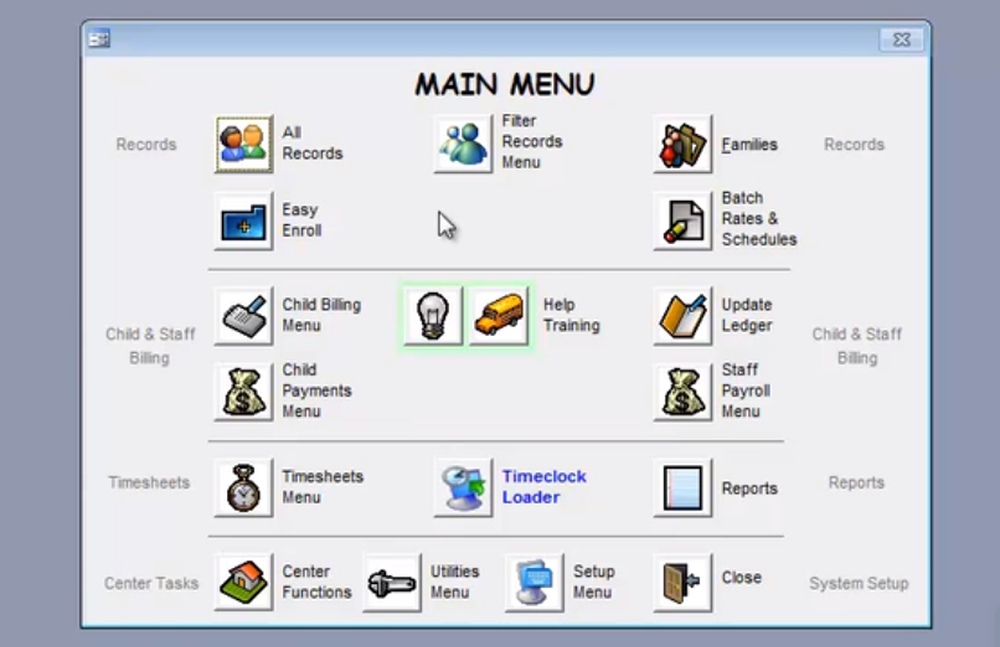 CHILDCARE Sage Main Menu