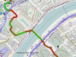 A bike trace with a speed display (green=fast, red=slow)