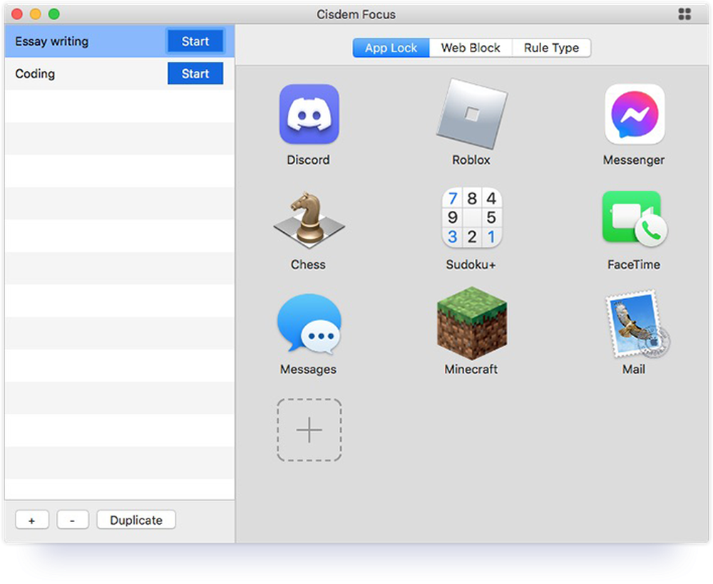 Add apps to block for your focus plan.