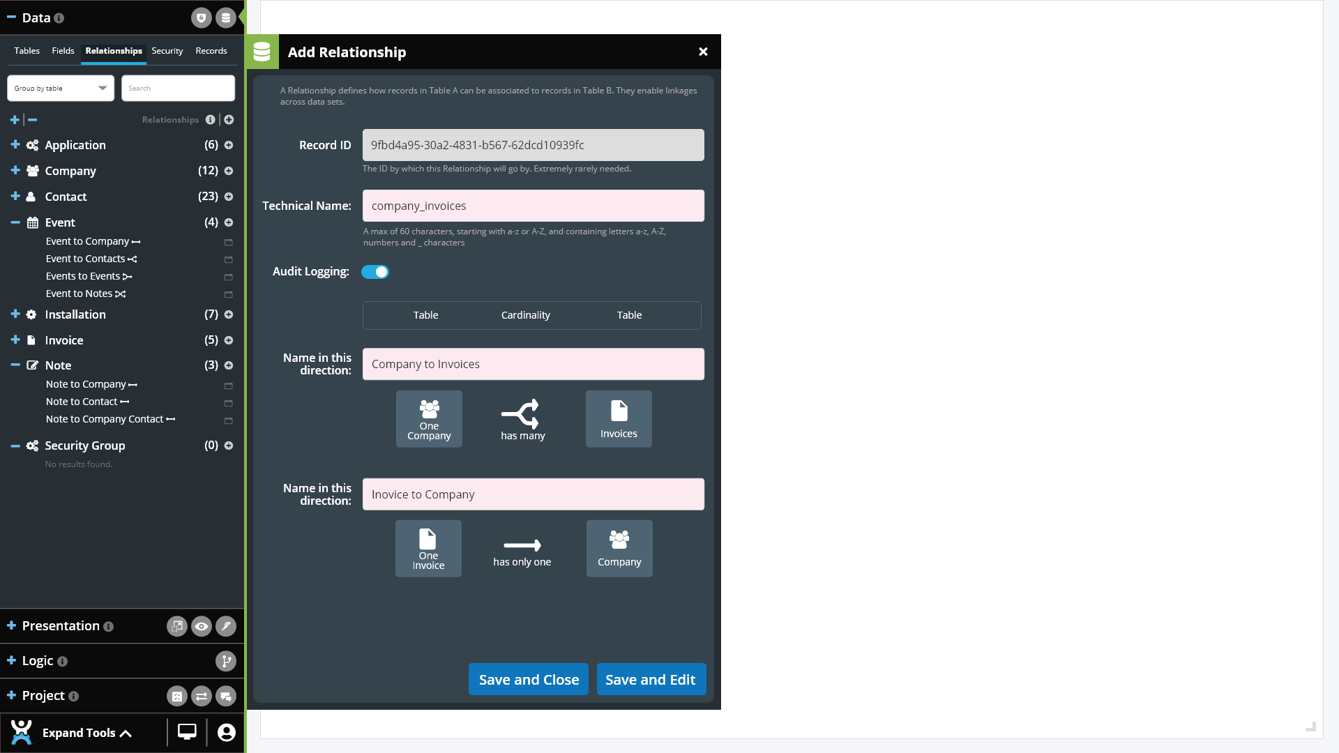 Screenshot of how to add a new database relationship without code using the CitizenDeveloper platform tools.