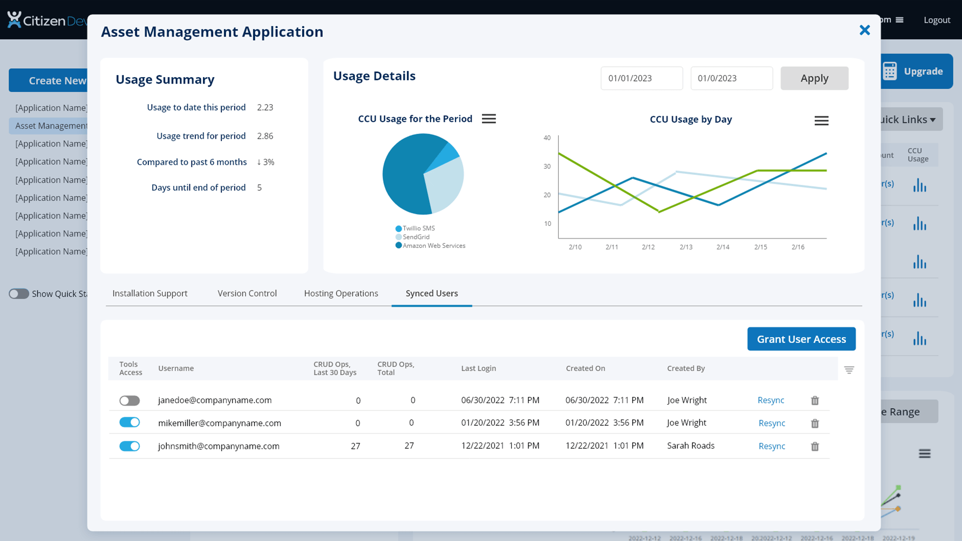 Screenshot of managing your application Installation with tools like Support, Developer Counts, Discussion Counts, CRUD Operations Reporting, Backup Management, and Backup History, without code on the CitizenDeveloper platform.