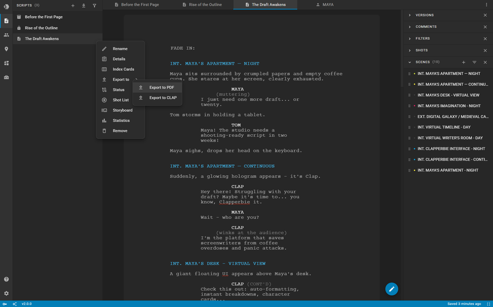 Screenshot of script formatting and scene management interface in Clapperbie
