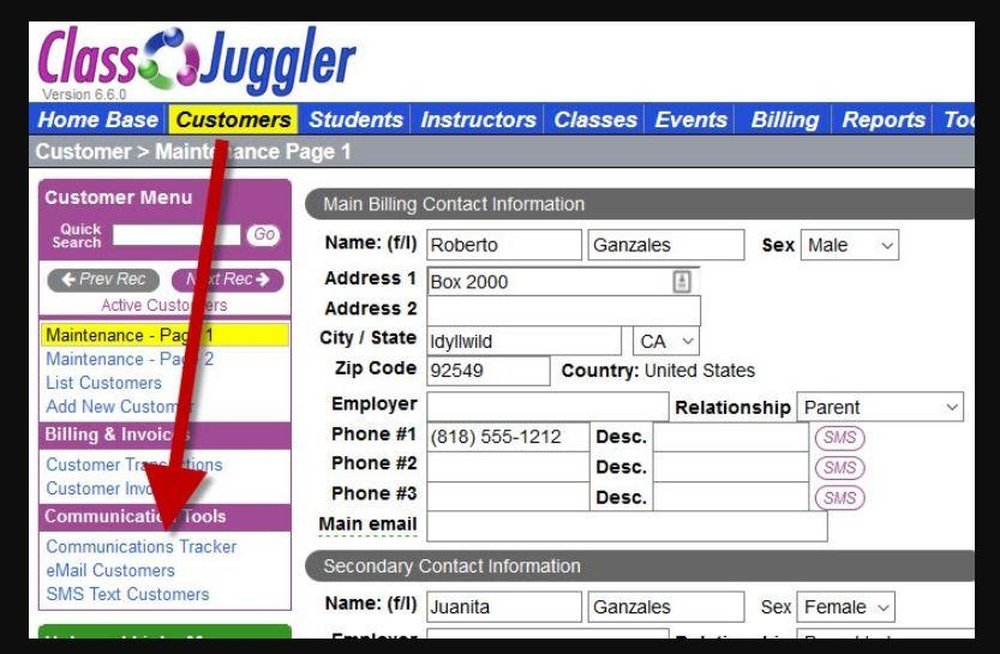 ClassJuggler Customer Menu