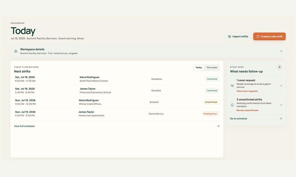 See upcoming shifts, unconfirmed assignments, and coverage requests that need attention from one clear dashboard.
