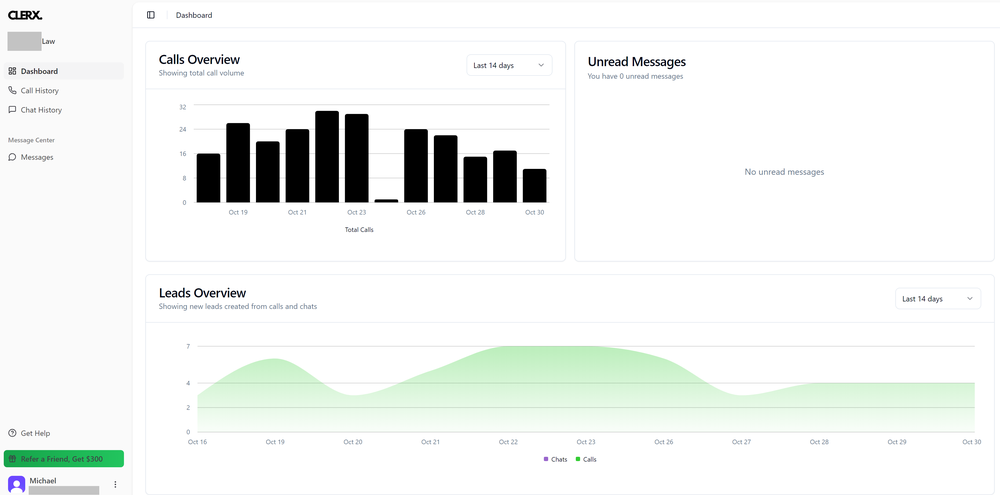 Clerx AI dashboard for managing all your leads and calls in one place.