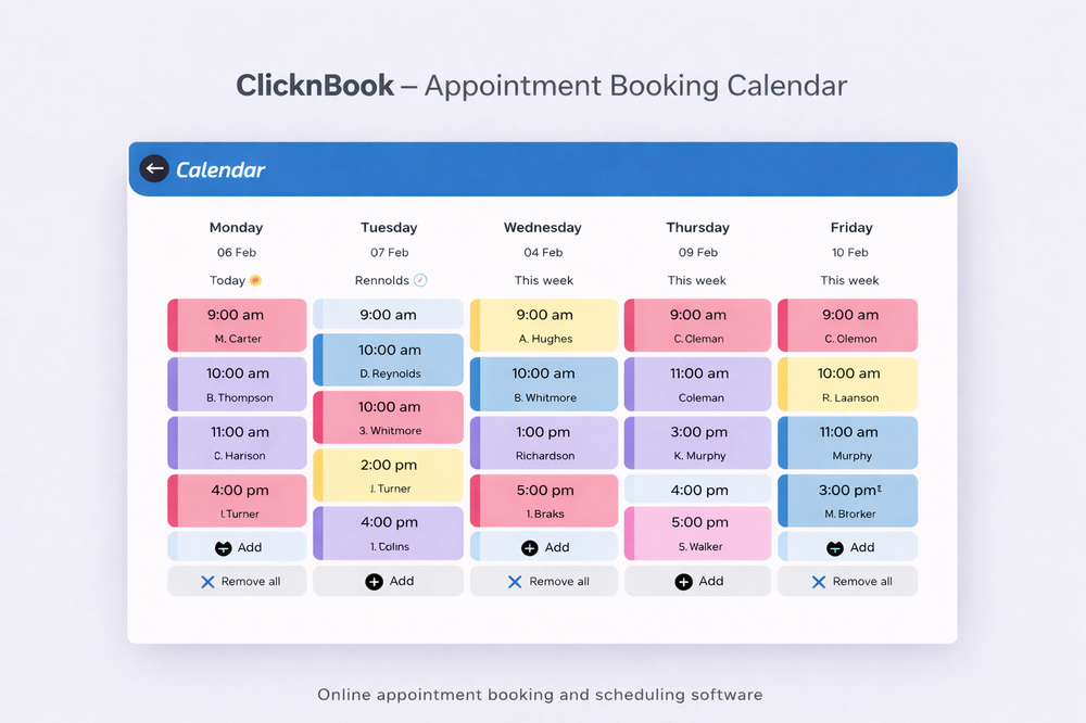 Appointment scheduling calendar in ClicknBook booking software