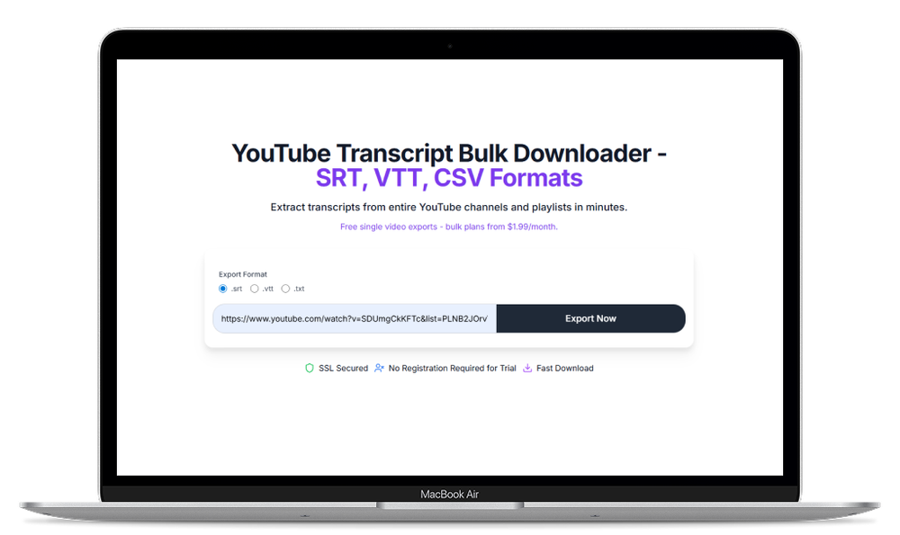 View of the ClipTranscribr YouTube transcript export/download tool with available free file formats.