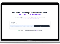 View of the ClipTranscribr YouTube transcript export/download tool with available free file formats.