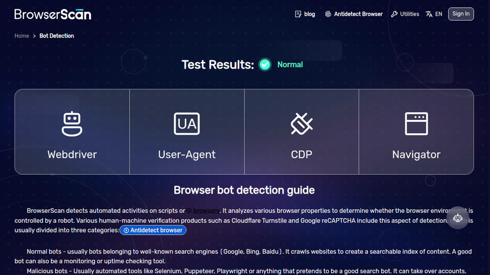 BrowserScan bot detection: Normal (4/4 checks passed)