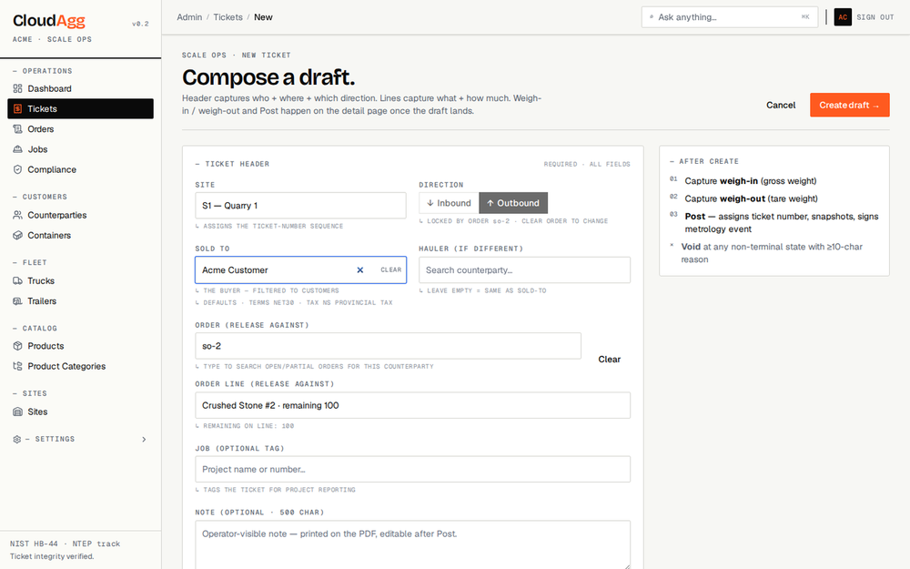 Create a scale ticket — customer, truck, and contract pricing auto-applied.