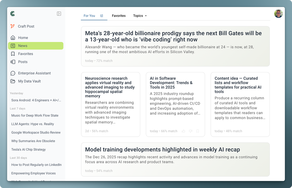 Step 1: Get inspired by personalized news feed. Browse through curated industry news and trending topics tailored to your professional interests. The platform aggregates relevant content to spark ideas for your next LinkedIn post.