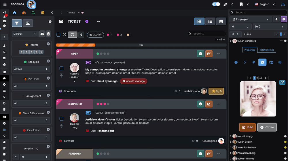 Ticket management view showing service requests as visual cards with status, priority, requester, assigned agent, due dates and key request details. Teams can also work with compact and table views depending on their workflow.