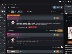 Ticket management view showing service requests as visual cards with status, priority, requester, assigned agent, due dates and key request details. Teams can also work with compact and table views depending on their workflow.