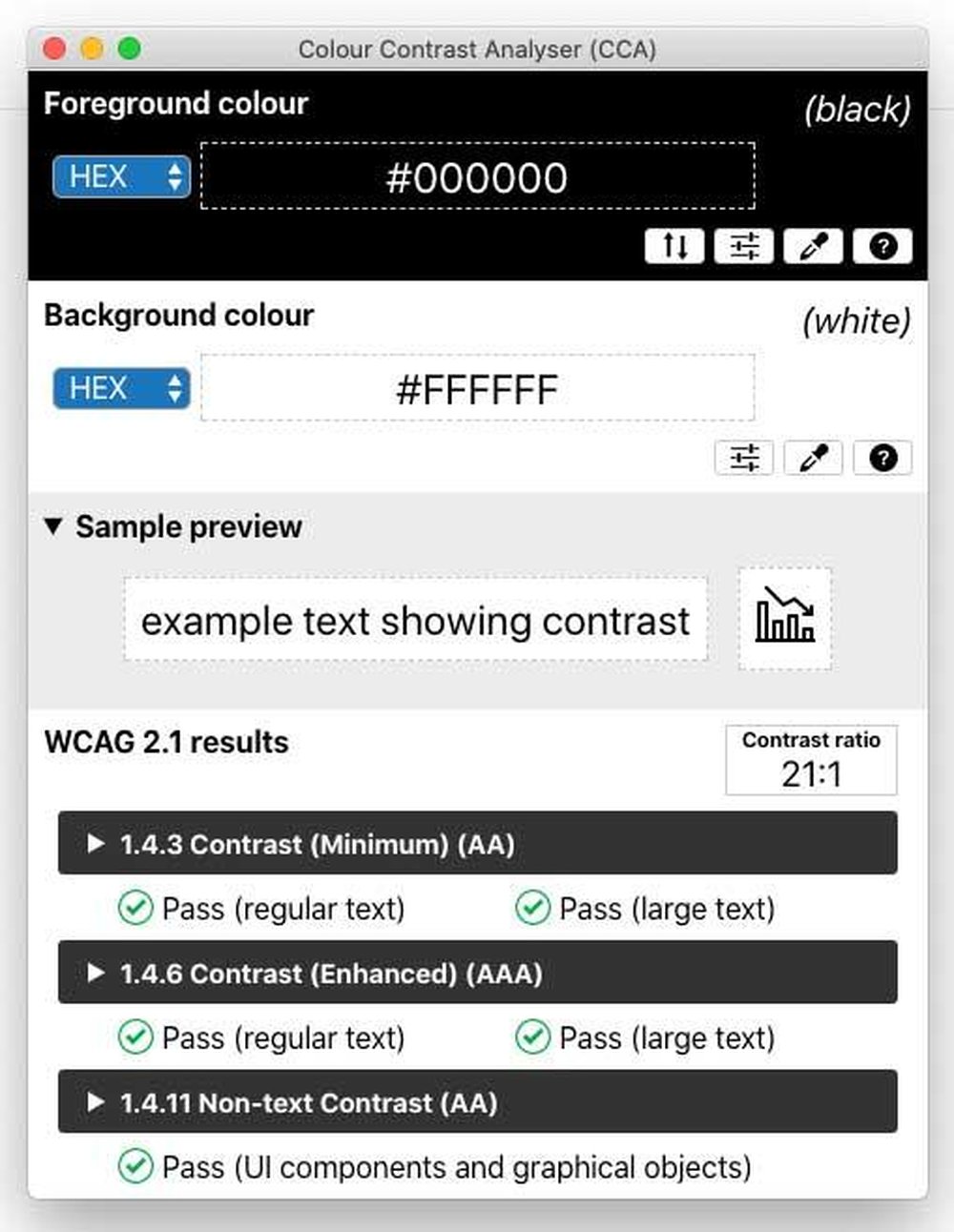 The Colour Contrast Analyser tool showing a black foreground color and white background color. Below, the tool reports that this color pairing has a contrast ratio of 21:1 and is WCAG compliant.