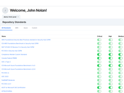 This view displays compliance standards applied at the repository/project level. Teams can customize which controls are active for each environment, ensuring tailored security benchmarks for production workloads.
