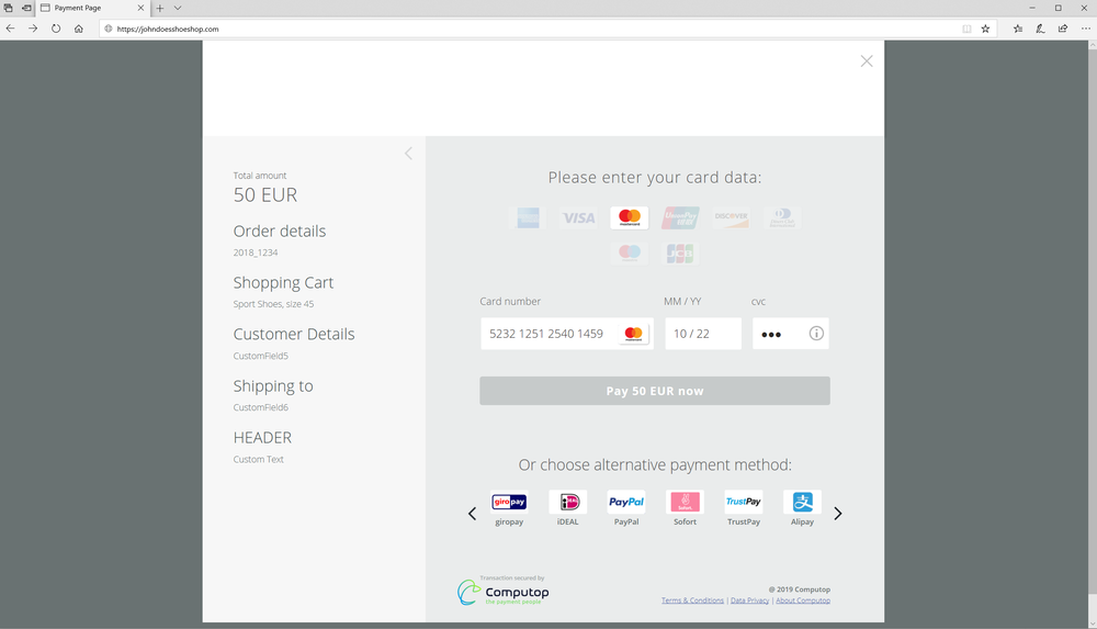 Sample PCI-compliant checkout form for  card payments