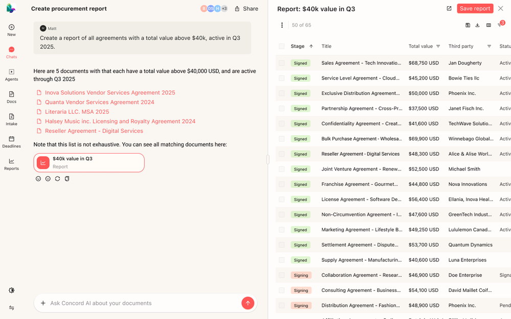Concord Horizon screenshot, showing the chat interface and a live report