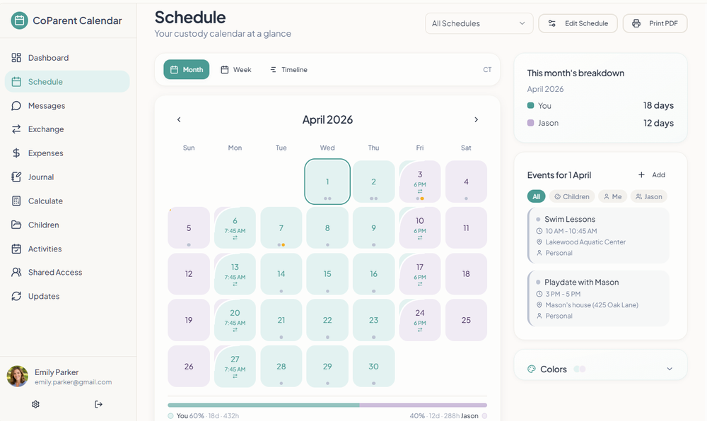 View your full custody schedule at a glance with color-coded days