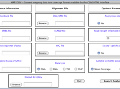 MAP2COV Tcl/Tk graphical interface. Three parts must be filled out (i) Reference information: GenBank, EMBL file or Genome and Annotation files; (ii) Alignment File: SAM/BAM, Eland or Wig files; Data type: DNA, RNA, TSS or ChIP; (iii) Optional Parameters: Anonymize, Read-length, Strand-specific or Genetic Elements Coverage Style.