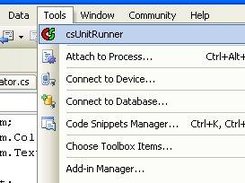 csUnit menu item in the "Tools" menu of Visual Studio.